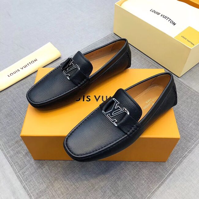 Giày lười nam Louis Vuitton siêu cấp da nhăn màu đen GLLV12