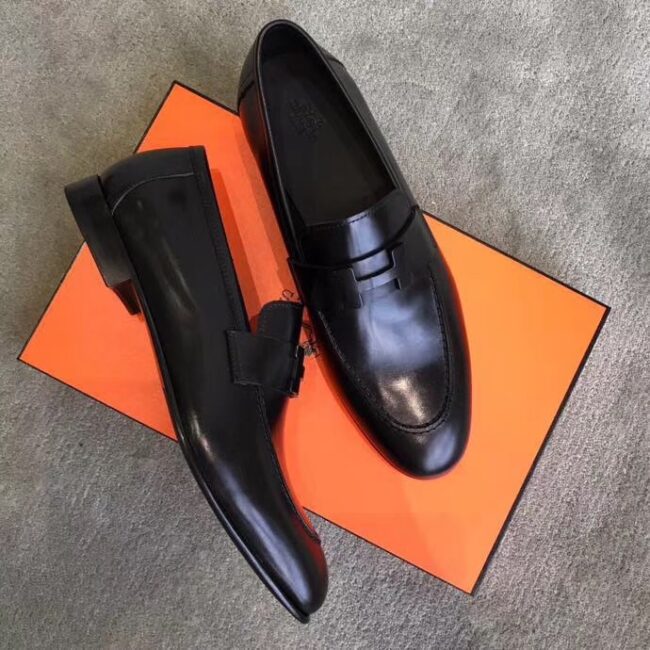 Giày lười Hermes siêu cấp da bóng đen họa tiết khóa chữ H màu đen GLHM08