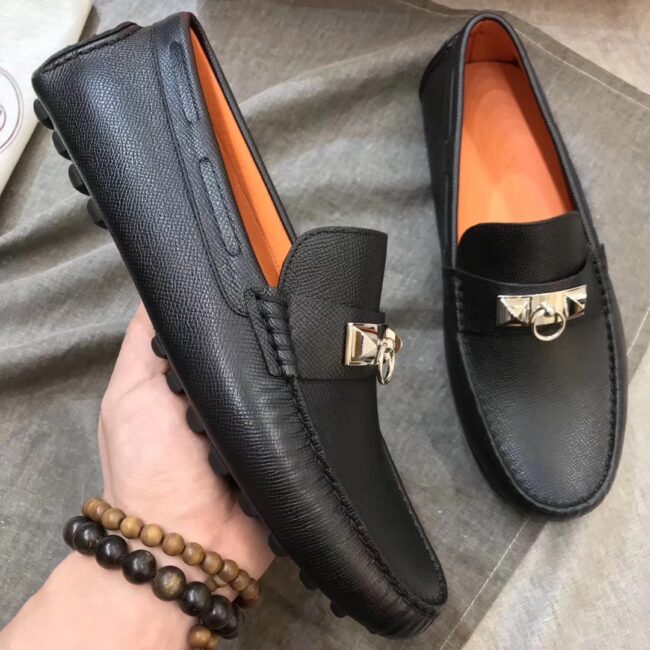 Giày lười Hermes siêu cấp da nhám họa tiết khóa móc tròn màu đen GLHM12