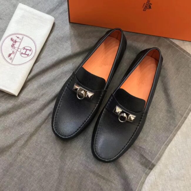 Giày lười Hermes siêu cấp da nhám họa tiết khóa móc tròn màu đen GLHM12