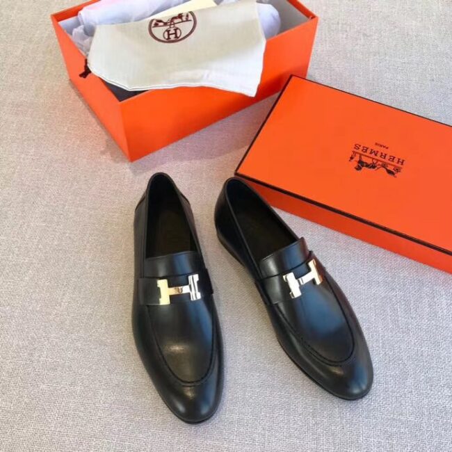 Giày lười Hermes siêu cấp họa tiết khóa chữ H màu đen GLHM02