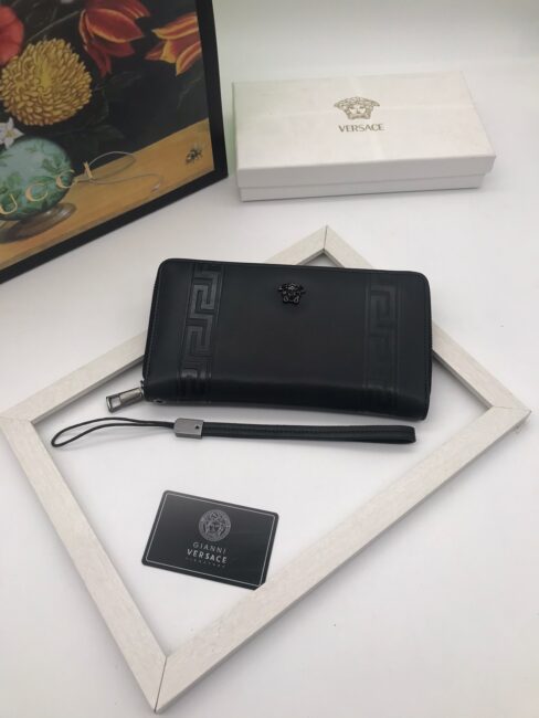 Ví Versace siêu cấp nam dáng dài da trơn họa tiết vân góc logo đen VNV08