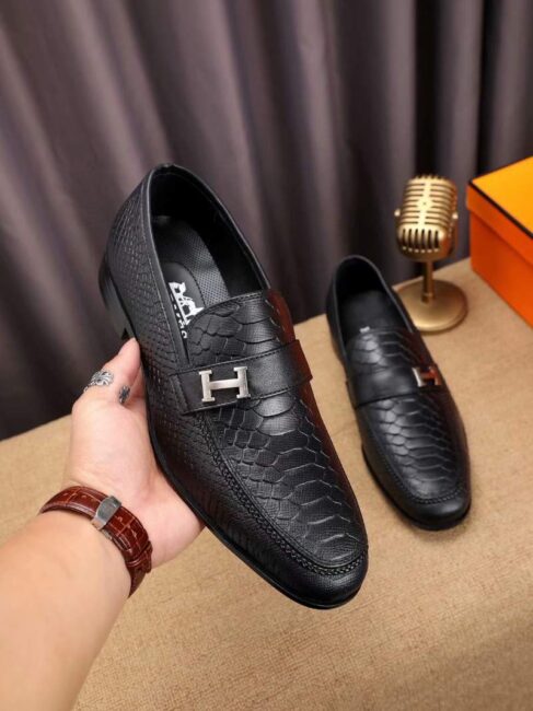Giày lười Hermes siêu cấp đế cao họa tiết vẩy rắn màu đen GLH19