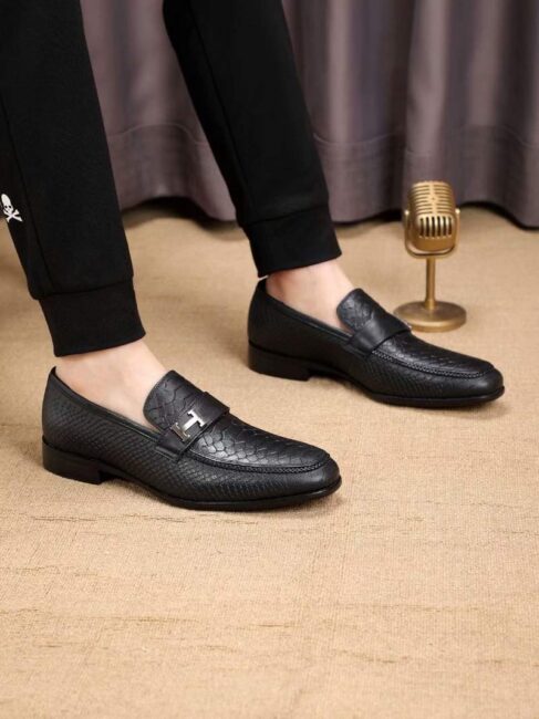 Giày lười Hermes siêu cấp đế cao họa tiết vẩy rắn màu đen GLH19