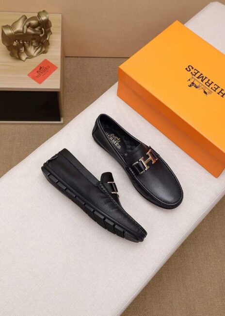 Giày lười Hermes siêu cấp họa tiết da trơn màu đen GLH22