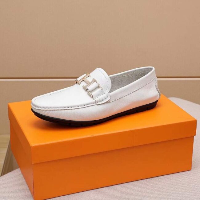 Giày lười Hermes siêu cấp họa tiết logo màu trắng GLLV16