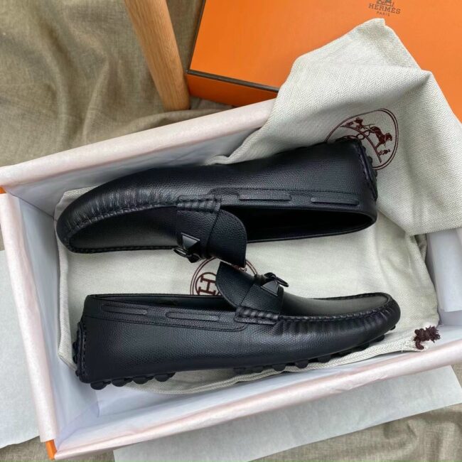 Giày lười Hermes like auth full đen da taiga GLH26